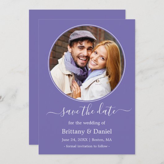 Modern Elegant Round Photo Lijst Periwinkle Save The Date (Voorkant / Achterkant)