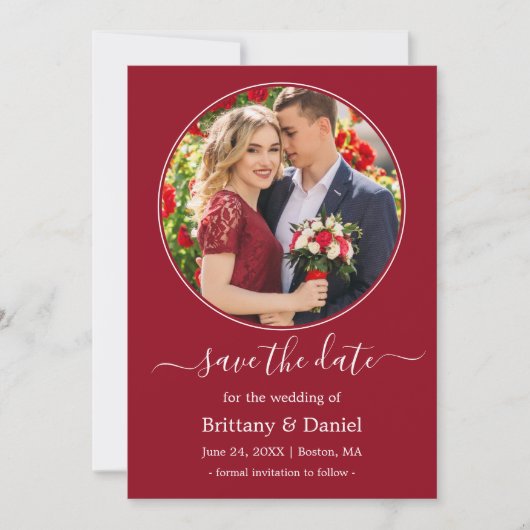 Modern Elegant Round Photo Lijst Red Save The Date (Voorkant)