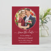 Modern Elegant Round Photo Lijst Red Save The Date (Staand voorkant)