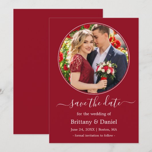 Modern Elegant Round Photo Lijst Red Save The Date (Voorkant / Achterkant)