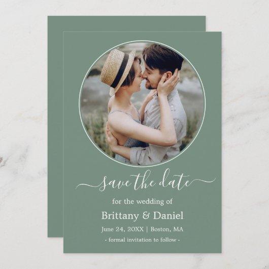 Modern Elegant Round Photo Lijst Sage Green Save The Date (Voorkant / Achterkant)