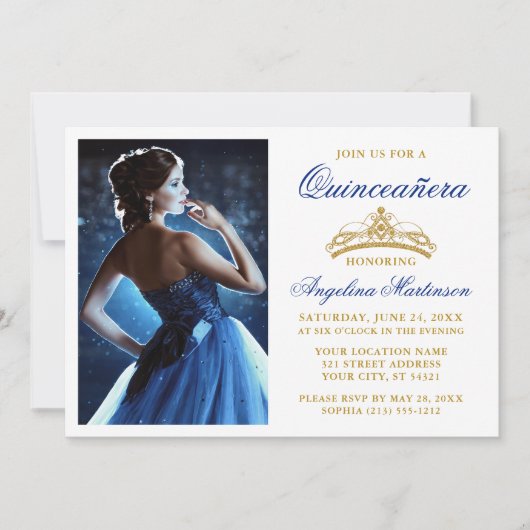 Modern Elegant Royal Blue Crown Quinceanera Kaart (Voorkant)