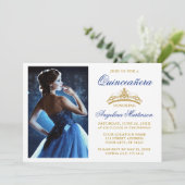 Modern Elegant Royal Blue Crown Quinceanera Kaart (Staand voorkant)