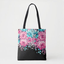 Modern Elegant Roze & Blauwgroen Bloemen Tas