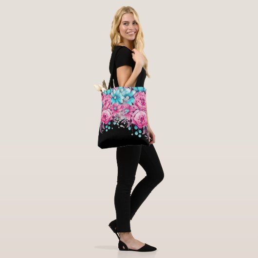 Modern Elegant Roze & Blauwgroen Bloemen Tas (Op model)