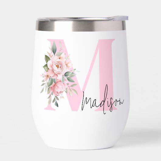 Modern Elegant Roze Bloemen Initiaal Naam Monogram (Links)