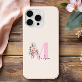 Modern Elegant Roze Bloemen Initiaal Naam Monogram iPhone 16 Pro Max Hoesje