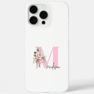 Modern Elegant Roze Bloemen Initiaal Naam Monogram iPhone 16 Pro Max Hoesje