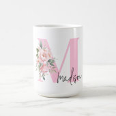 Modern Elegant Roze Bloemen Initiaal Naam Monogram Koffiemok (Center)