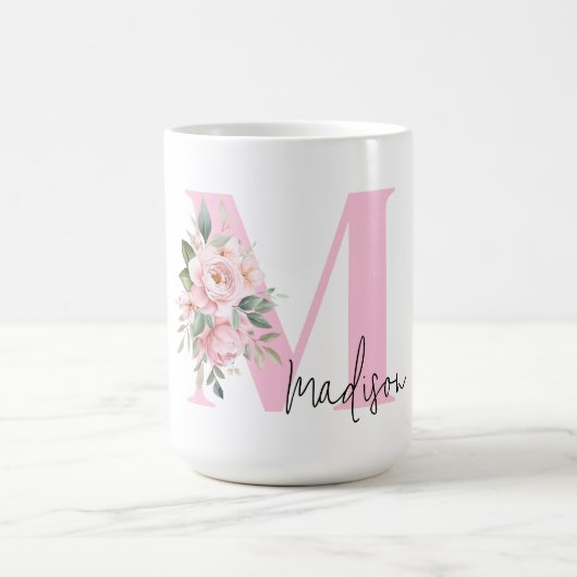 Modern Elegant Roze Bloemen Initiaal Naam Monogram Koffiemok (Center)