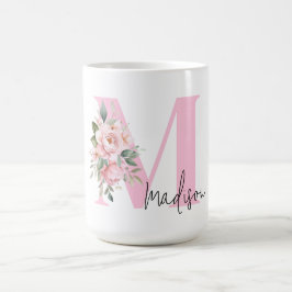 Modern Elegant Roze Bloemen Initiaal Naam Monogram Koffiemok