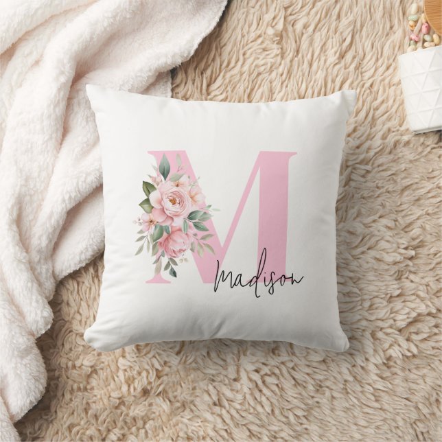 Modern Elegant Roze Bloemen Initiaal Naam Monogram Kussen (Deken)