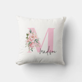 Modern Elegant Roze Bloemen Initiaal Naam Monogram Kussen