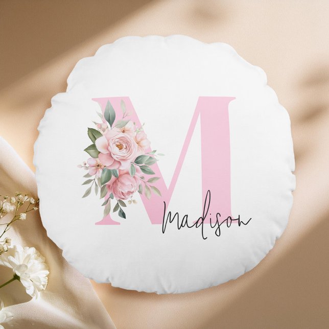 Modern Elegant Roze Bloemen Initiaal Naam Monogram Rond Kussen (Creator heeft geüpload)
