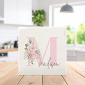 Modern Elegant Roze Bloemen Initiaal Naam Monogram Stenen Onderzetter