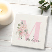 Modern Elegant Roze Bloemen Initiaal Naam Monogram Stenen Onderzetter