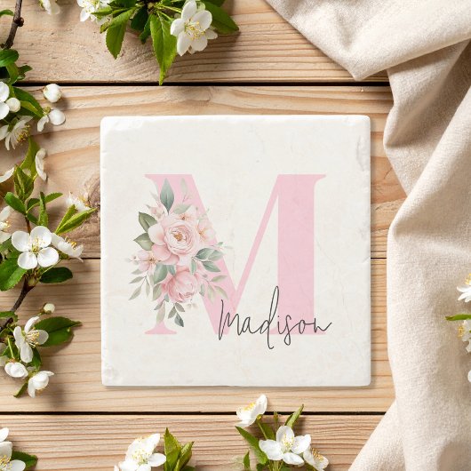 Modern Elegant Roze Bloemen Initiaal Naam Monogram Stenen Onderzetter