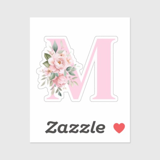 Modern Elegant Roze Bloemen Initiaal Naam Monogram Sticker (Vel)