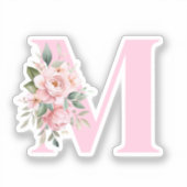 Modern Elegant Roze Bloemen Initiaal Naam Monogram Sticker (Voorkant)