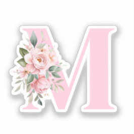 Modern Elegant Roze Bloemen Initiaal Naam Monogram Sticker