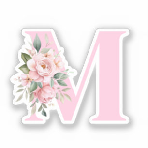 Modern Elegant Roze Bloemen Initiaal Naam Monogram Sticker