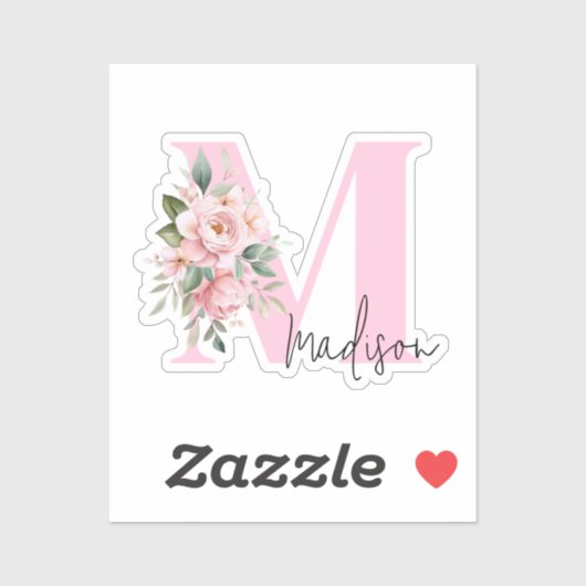 Modern Elegant Roze Bloemen Initiaal Naam Monogram Sticker (Vel)