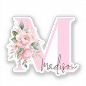 Modern Elegant Roze Bloemen Initiaal Naam Monogram Sticker (Voorkant)