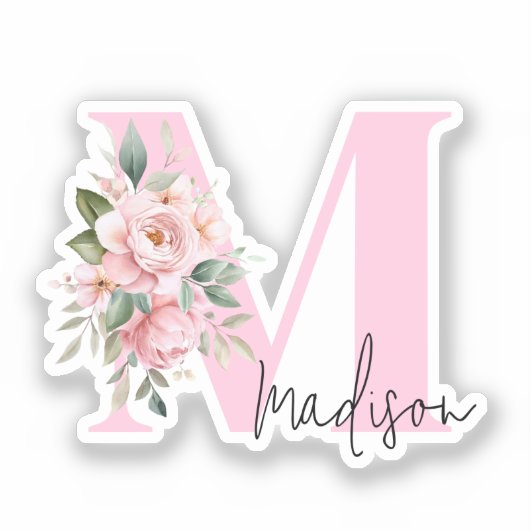 Modern Elegant Roze Bloemen Initiaal Naam Monogram Sticker (Voorkant)