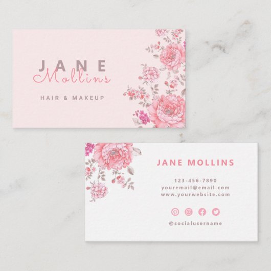 Modern Elegant Roze Bloemen Visitekaartje (Voorkant / Achterkant)