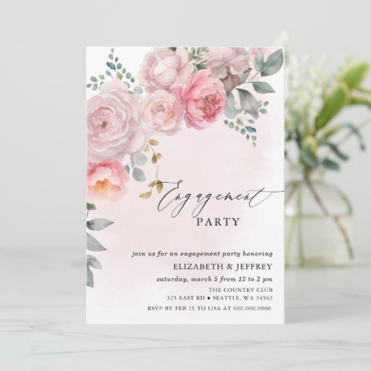 Modern Elegant Roze Blush Bloemen Verlovingsfeest Kaart (Staand voorkant)