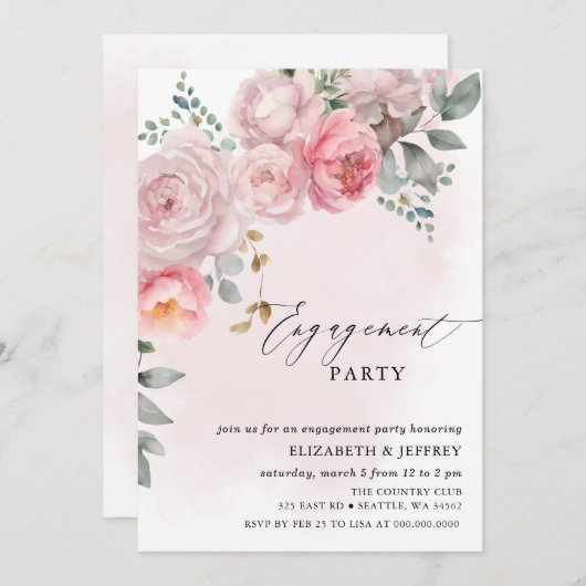 Modern Elegant Roze Blush Bloemen Verlovingsfeest Kaart (Voorkant / Achterkant)