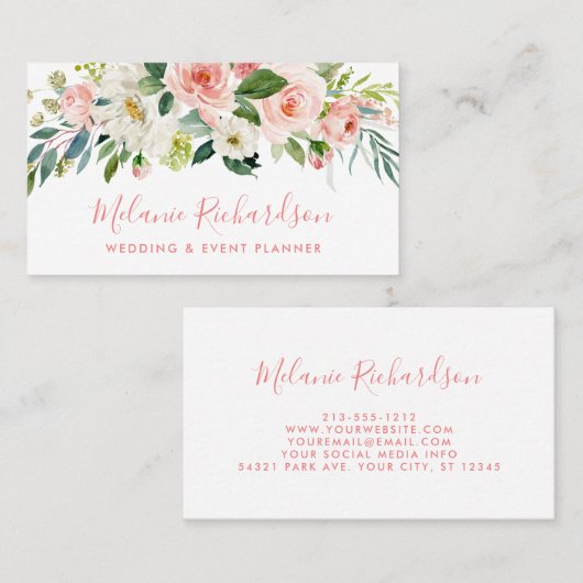 Modern Elegant Roze Blush Greenery Floral Visitekaartje (Voorkant / Achterkant)