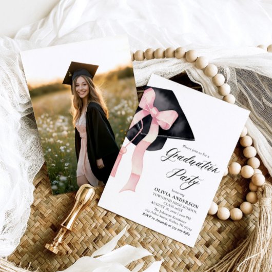 Modern Elegant Roze Bow Graduation Cap Afstuderen Kaart