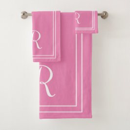 Modern elegant roze en wit monogram bad handdoek