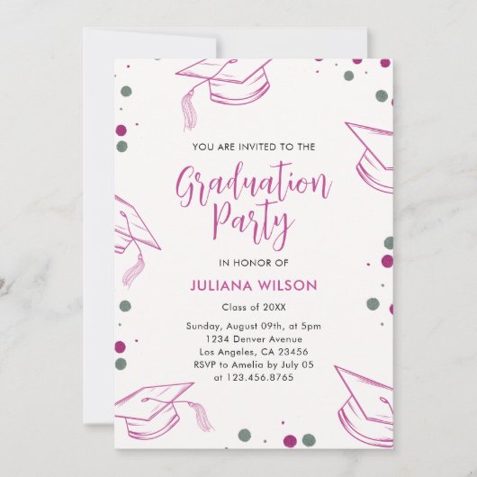 Modern Elegant Roze en Zilver Graduation Party Kaart (Voorkant)