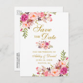 Modern elegant roze Floral Gold Save the Date Aankondigingskaart (Voorkant / Achterkant)