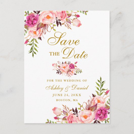 Modern elegant roze Floral Gold Save the Date Aankondigingskaart (Voorkant)