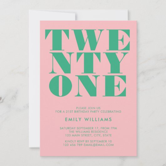 Modern Elegant Roze Groen Vet 21e Verjaardag Kaart (Voorkant)