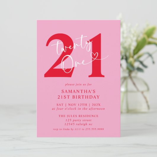 Modern Elegant Roze Rood 21ste Verjaardagsfeest Kaart (Staand voorkant)