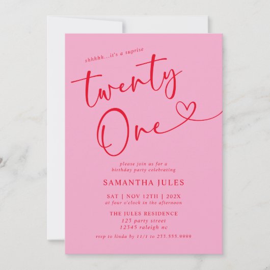 Modern Elegant Roze Rood 21ste Verjaardagsfeest Kaart (Voorkant)