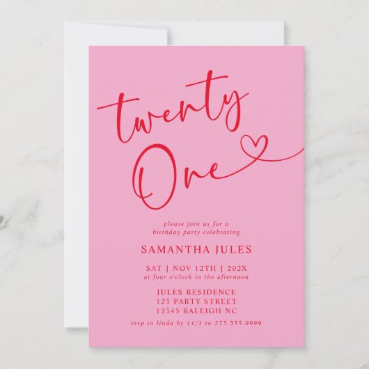 Modern Elegant Roze Rood 21ste Verjaardagsfeest Kaart (Voorkant)