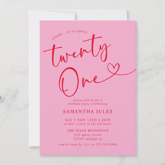 Modern Elegant Roze Rood 21ste Verjaardagsfeest Kaart (Voorkant)
