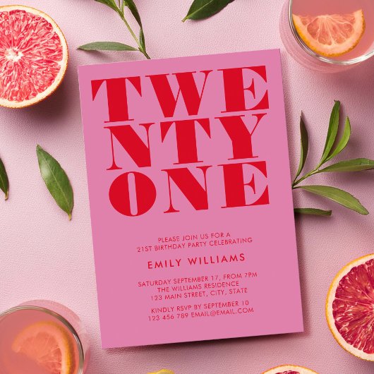 Modern Elegant Roze Rood Vet 21e Verjaardag Kaart