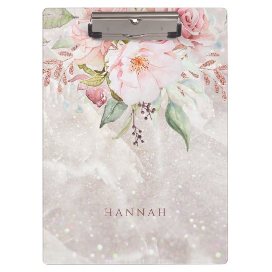 Modern Elegant Roze Roze Pioen Bloemen Marmer Klembord (Voorkant)