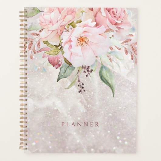 Modern Elegant Roze Roze Pioen Bloemen Marmer Planner (Voorkant)