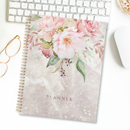 Modern Elegant Roze Roze Pioen Bloemen Marmer Planner
