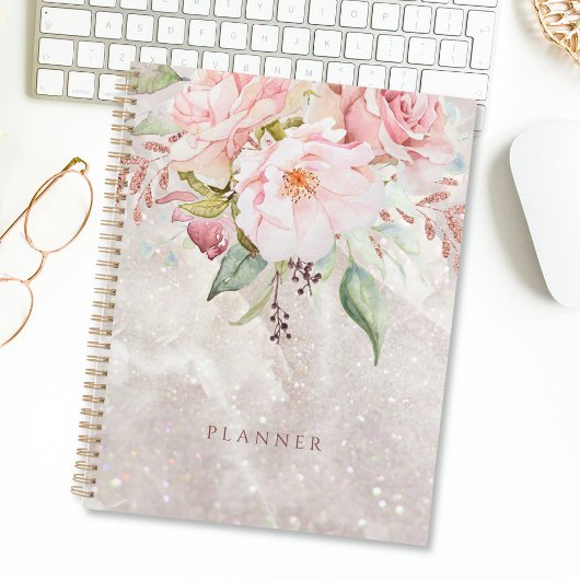 Modern Elegant Roze Roze Pioen Bloemen Marmer Planner