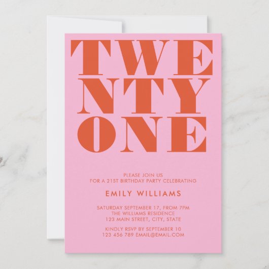 Modern Elegant Roze Sinaasappel Bold 21st Verjaard Kaart (Voorkant)