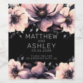 Modern Elegant Roze Zwart Bloemen Bruiloft Wijn Etiket (Enkel label)