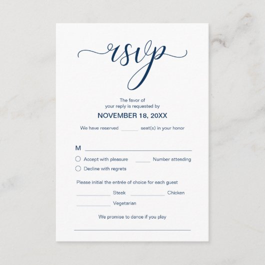 Modern Elegant RSVP, marineblauw, reageren Informatiekaartje (Voorkant)